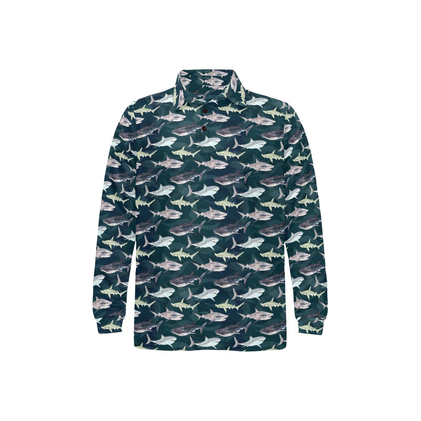 Shark Pattern Print Long Sleeve Polo Shirt For Men's