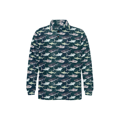 Shark Pattern Print Long Sleeve Polo Shirt For Men's