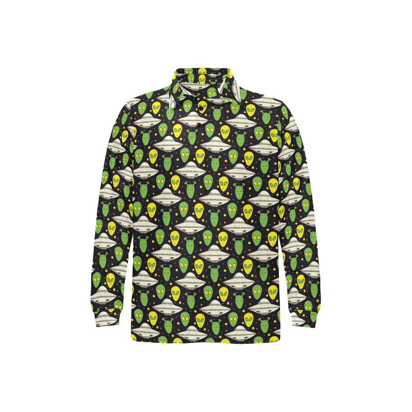Alien UFO Pattern Long Sleeve Polo Shirt For Men's
