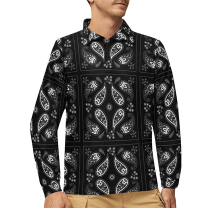 Bandana Paisley Black Print Design LKS308 Long Sleeve Polo Shirt For Men's
