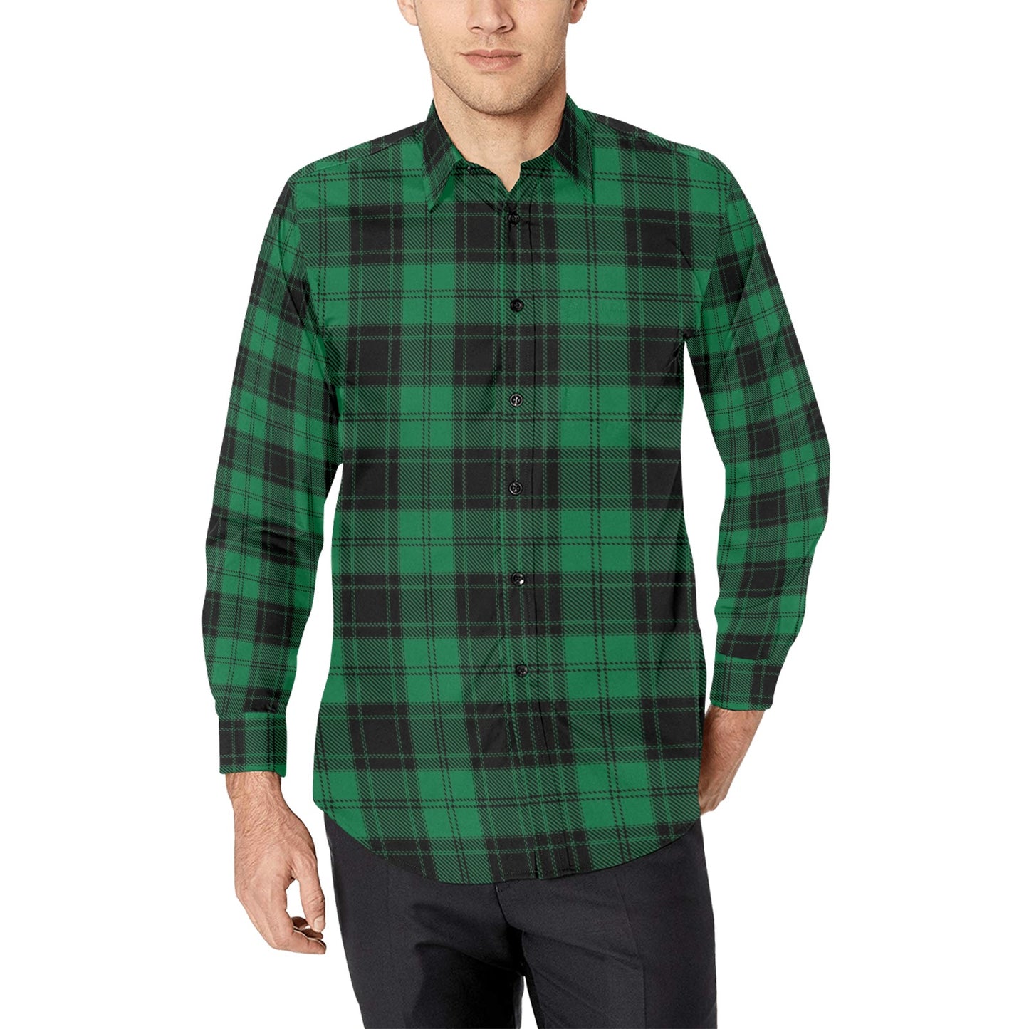 Tartan Green Print Design LKS302 Men's Long Sleeve Dress Shirt