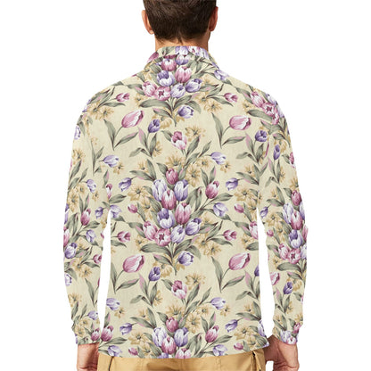 Tulip Pattern Print Design TP04 Long Sleeve Polo Shirt For Men's