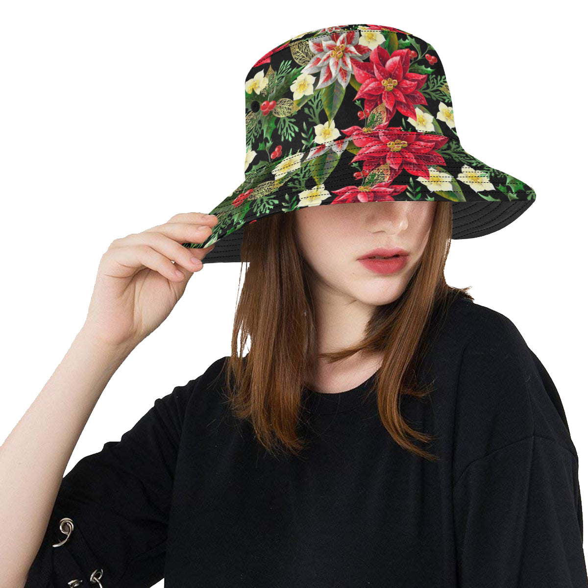 Poinsettia Pattern Print Design POT05 Unisex Bucket Hat