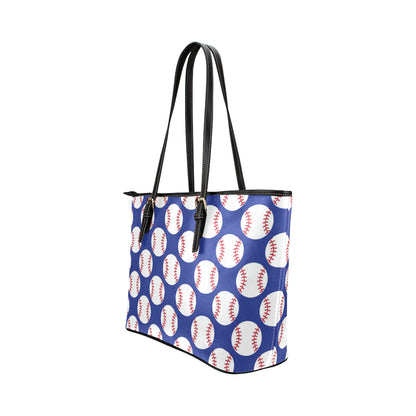 Baseball Blue Background Leather Tote Bag