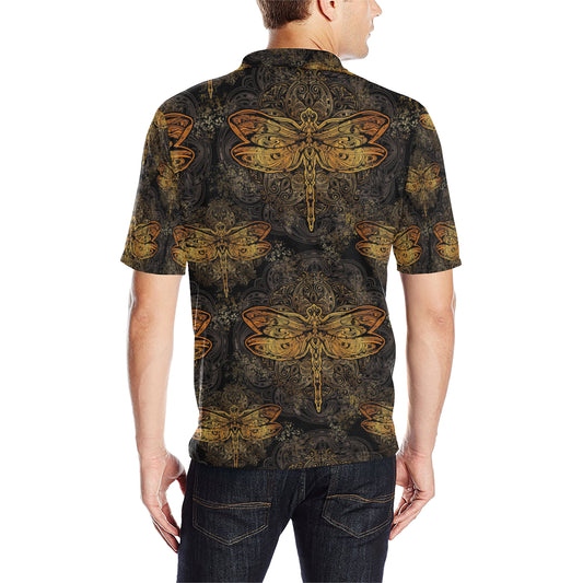 Gold Dragonfly Mandala Men Polo Shirt