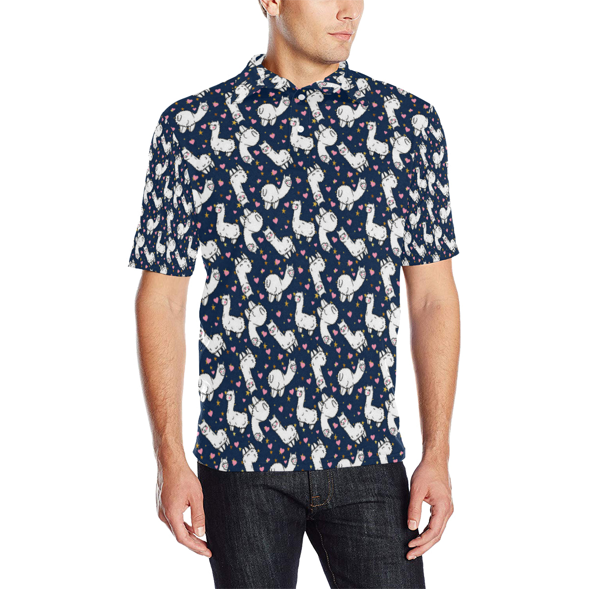 Alpaca Heart Star Design Themed Print Men Polo Shirt