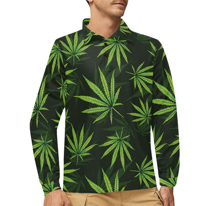 Pot Leaf Pattern Print Design A03 Long Sleeve Polo Shirt For Men's