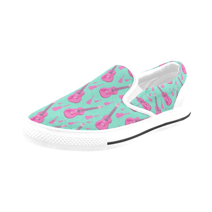 Acoustic Guitar Print Design LKS405 White Slip Ons Canvas Women's Shoes