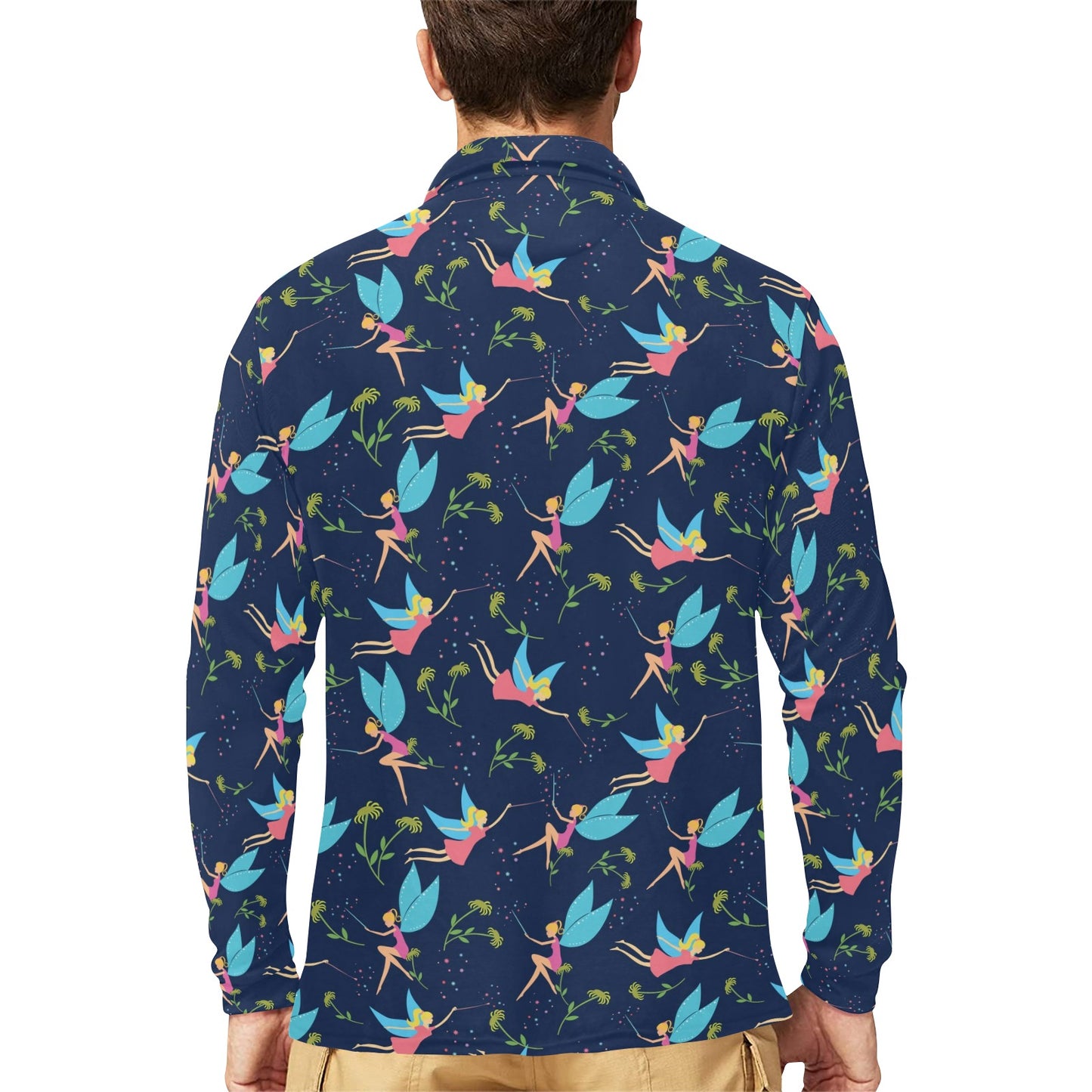 Fairy with flower Print Pattern Long Sleeve Polo Shirt For Men's