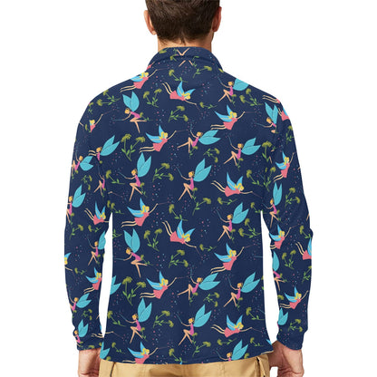 Fairy with flower Print Pattern Long Sleeve Polo Shirt For Men's