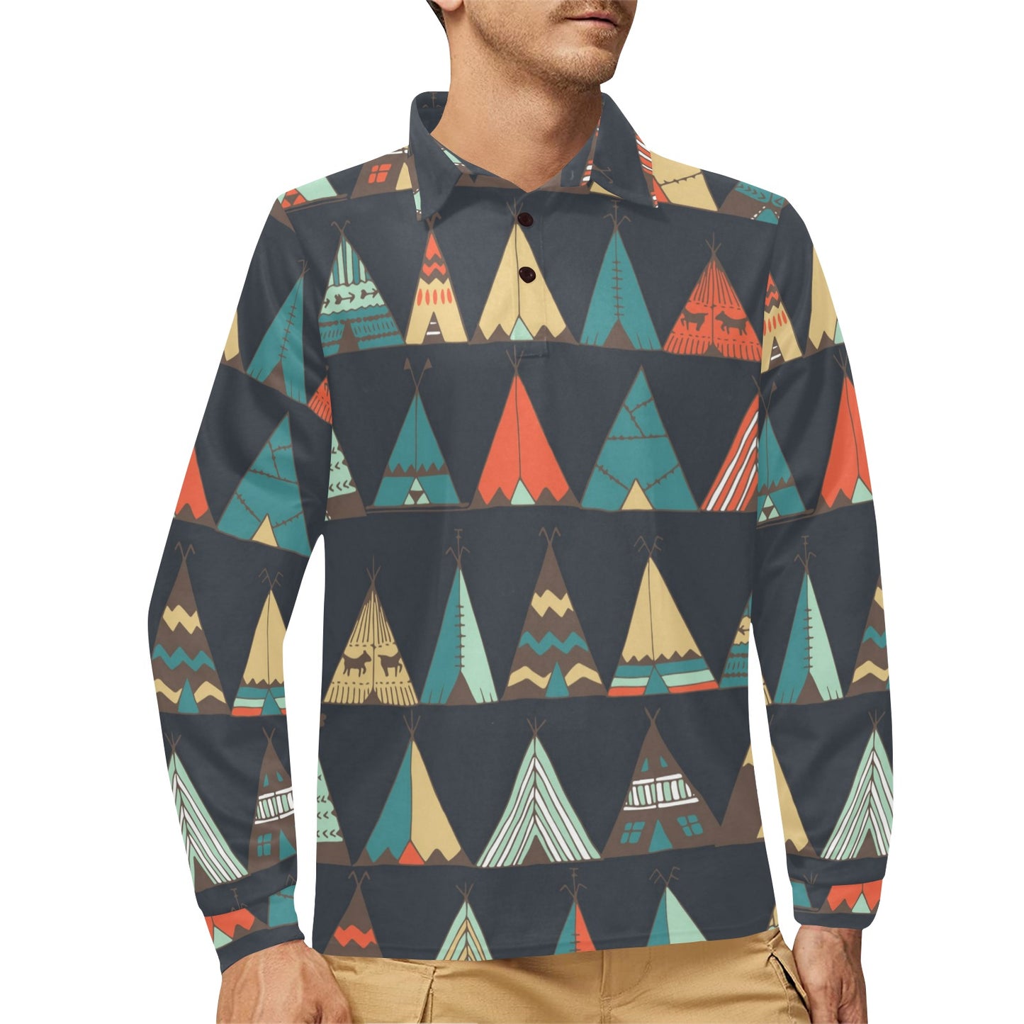 Tribal native american tent Aztec Long Sleeve Polo Shirt For Men's