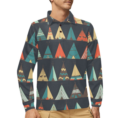 Tribal native american tent Aztec Long Sleeve Polo Shirt For Men's