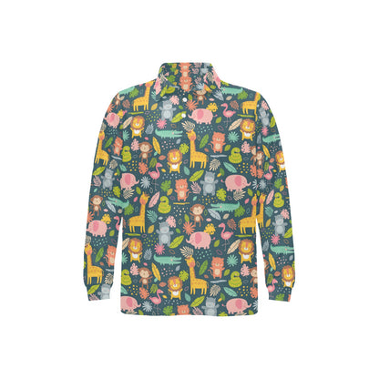 Safari Animal Cartoon Print Design LKS305 Long Sleeve Polo Shirt For Men's