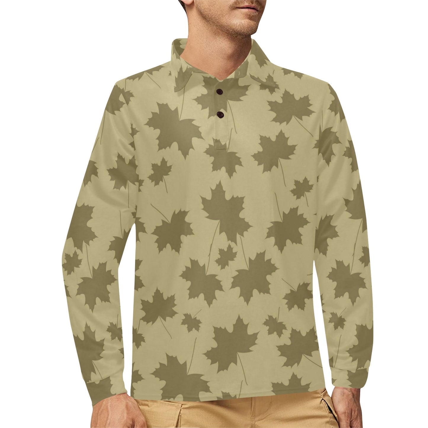 Maple Leaf Pattern Print Design 01 Long Sleeve Polo Shirt For Men's