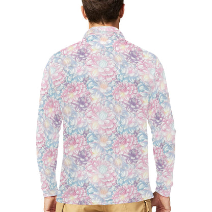 Dahlia Pattern Print Design 01 Long Sleeve Polo Shirt For Men's