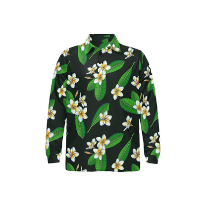 White Plumeria Pattern Print Design PM023 Long Sleeve Polo Shirt For Men's