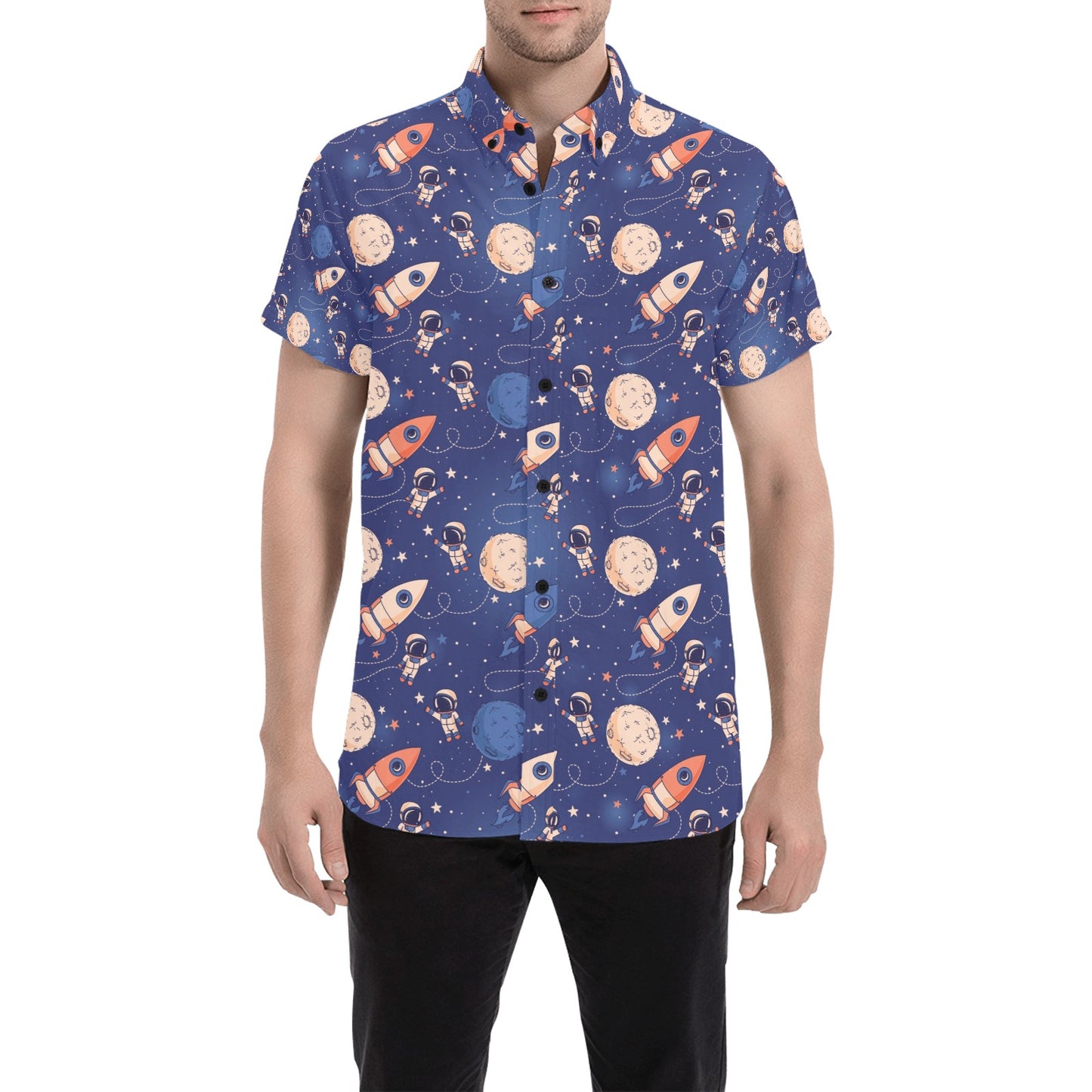 Space Astronaut Rocket Print Design LKS304 Men Short Sleeve Button Up Shirt