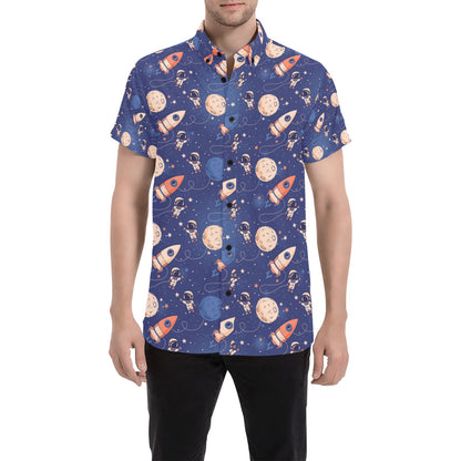 Space Astronaut Rocket Print Design LKS304 Men Short Sleeve Button Up Shirt