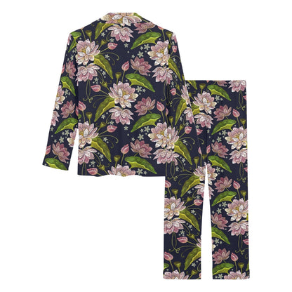 lotus Embroidered Pattern Print Design LO06 Women's Long Pajama Set