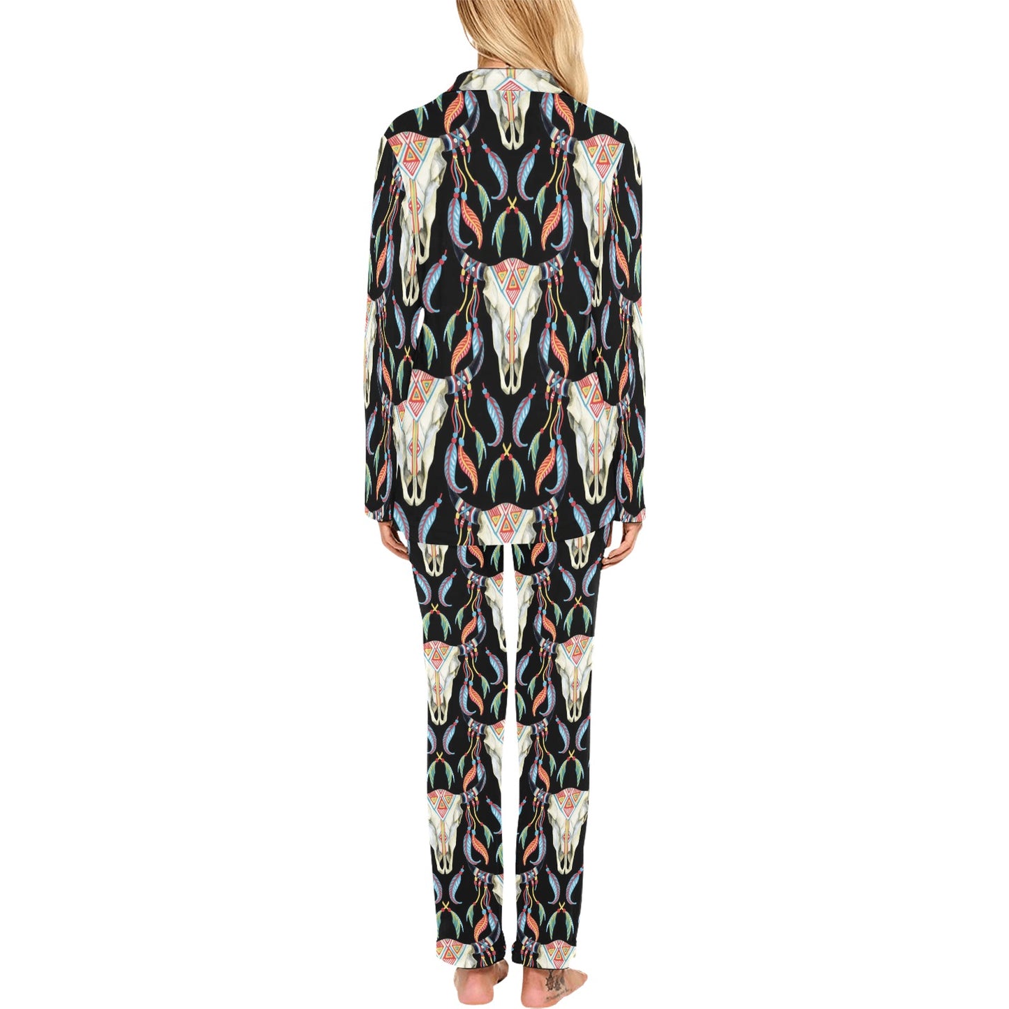 Buffalo Head Boho Style Pattern Print Design 01 Women's Long Pajama Set