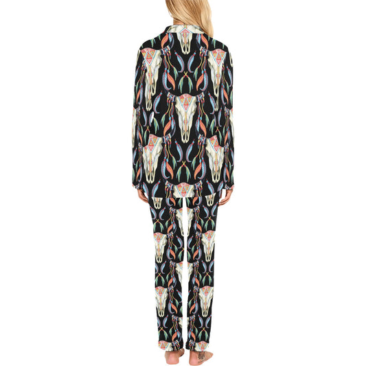 Buffalo Head Boho Style Pattern Print Design 01 Women's Long Pajama Set