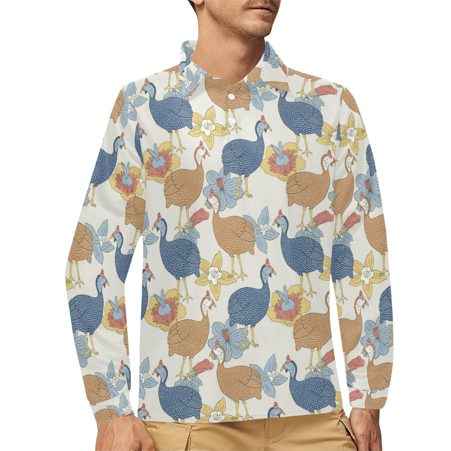 Guinea Fowl Pattern Print Design 01 Long Sleeve Polo Shirt For Men's