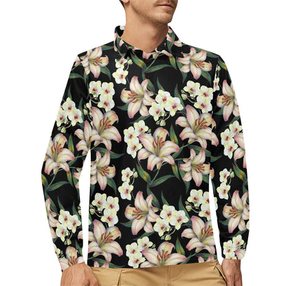 Lily Pattern Print Design LY03 Long Sleeve Polo Shirt For Men's