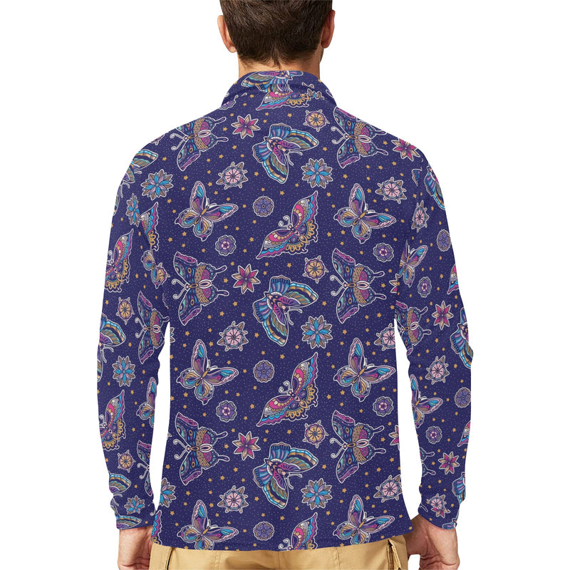 Butterfly Print Design LKS303 Long Sleeve Polo Shirt For Men's