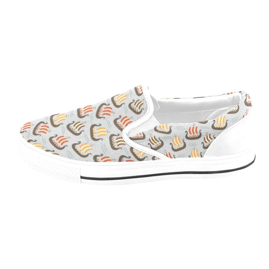 Vikings Print Design LKS308 White Slip Ons Canvas Women's Shoes