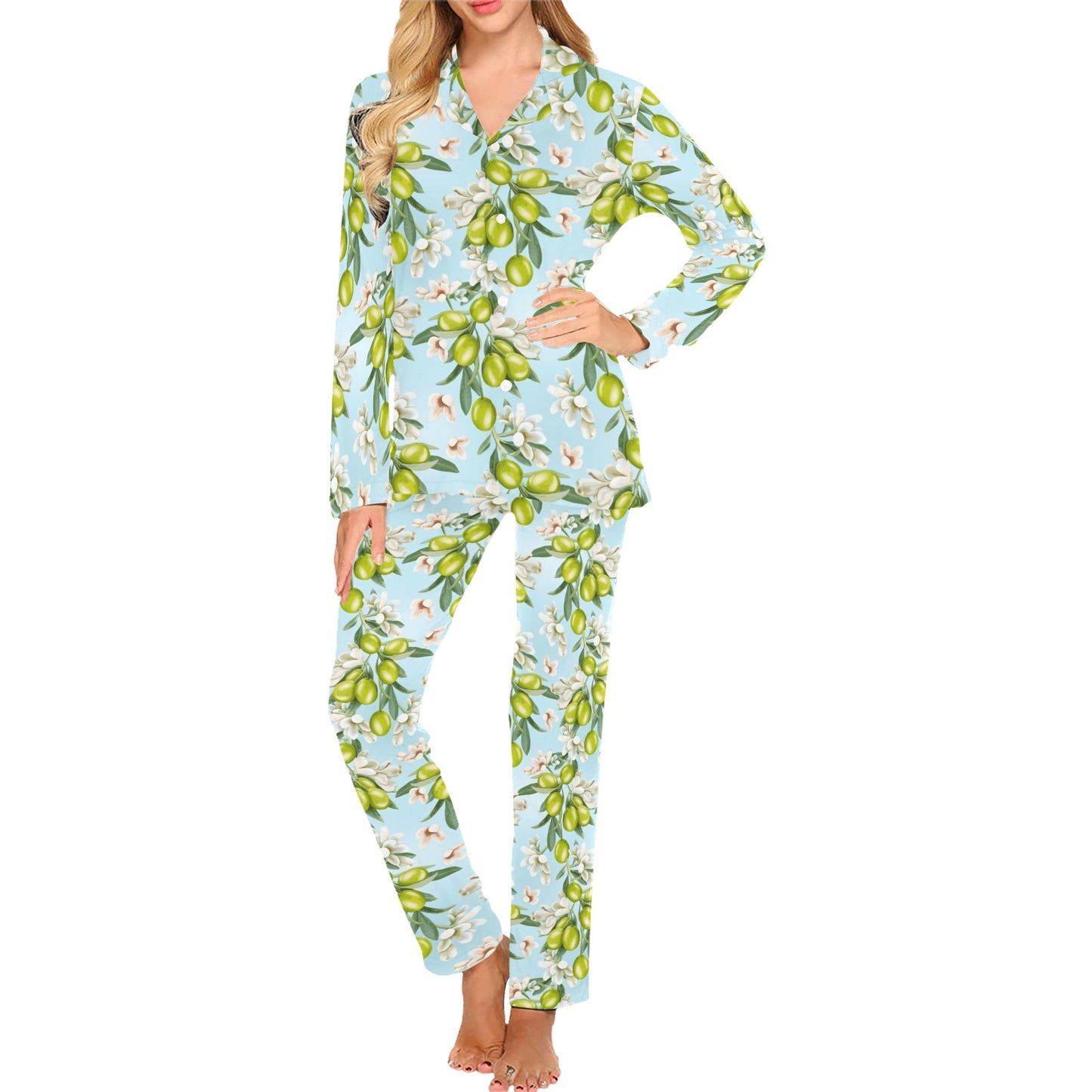 Elegant Olive Floral Print Women's Long Pajama Set