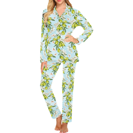 Elegant Olive Floral Print Women's Long Pajama Set