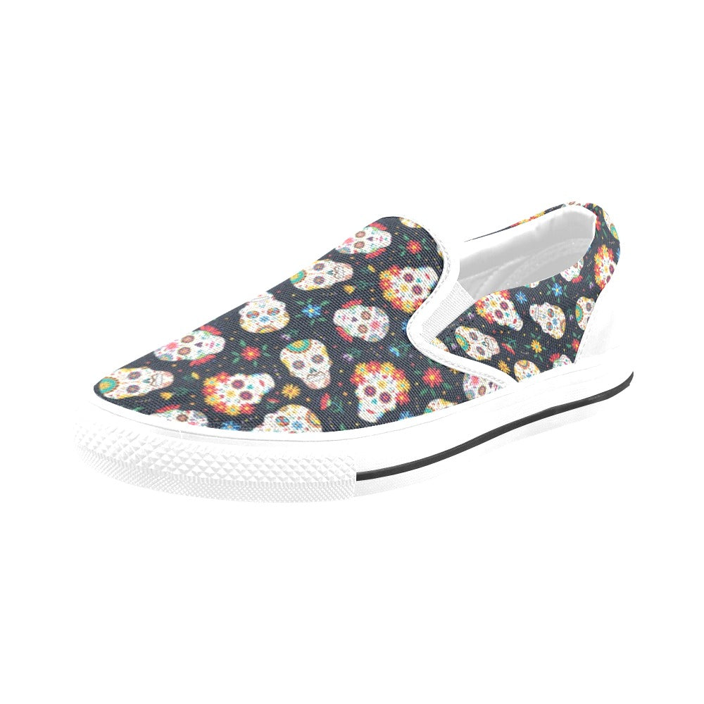 Sugar Skull Print Design LKS305 White Slip Ons Canvas Women's Shoes