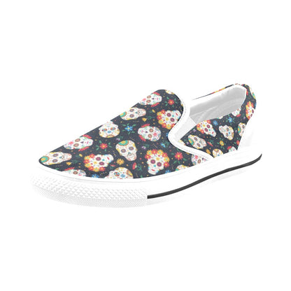 Sugar Skull Print Design LKS305 White Slip Ons Canvas Women's Shoes