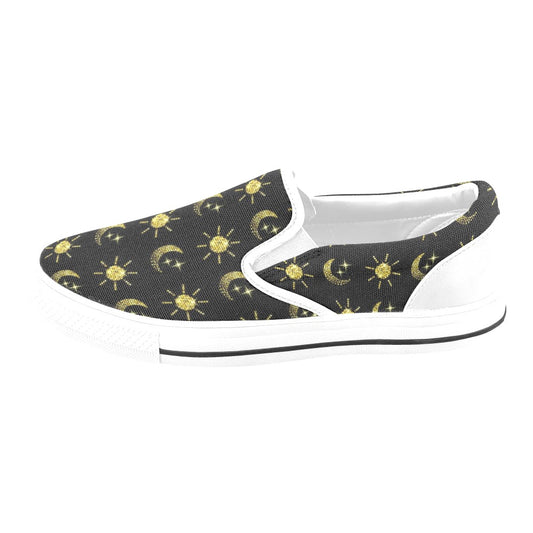 Sun Moon Print Design LKS304 White Slip Ons Canvas Women's Shoes
