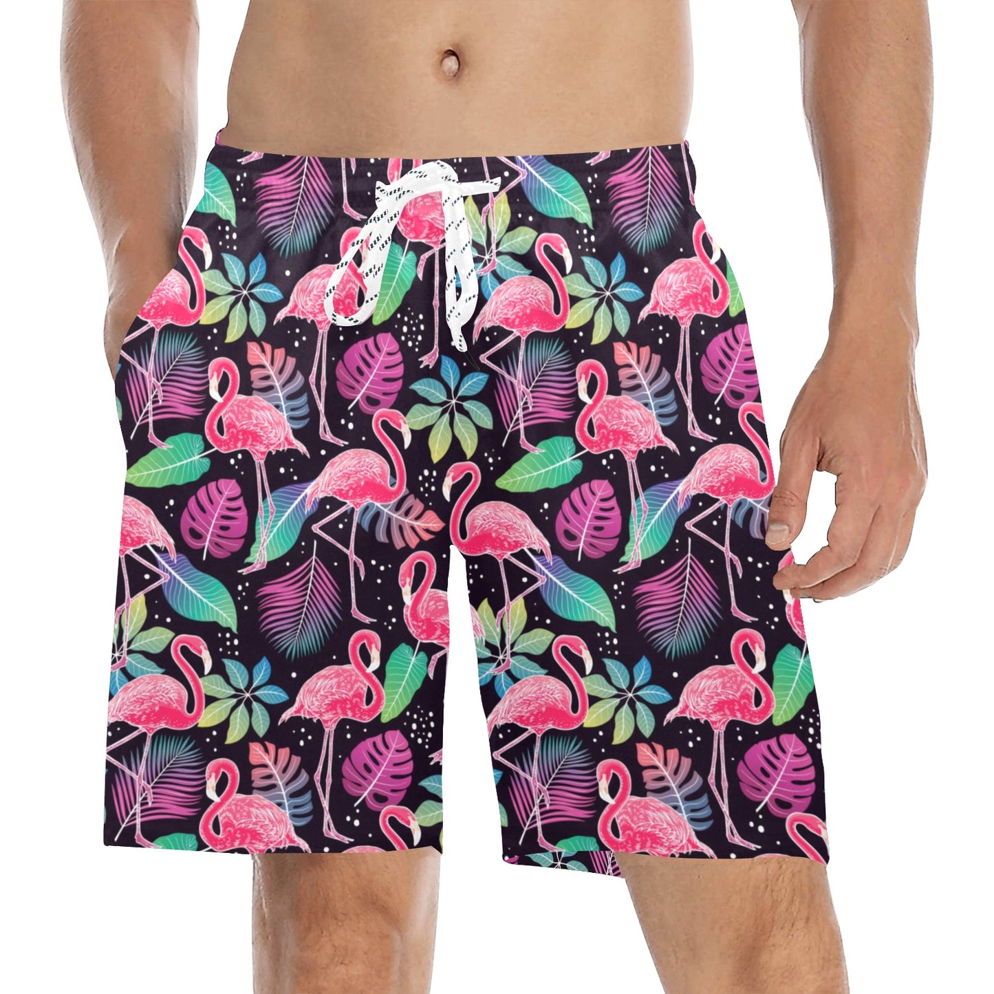 Flamingo Tropical leaves Neon Print Men's Swim Trunks Beach Shorts