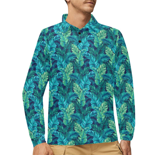 Banana Leaf Pattern Print Design 06 Long Sleeve Polo Shirt For Men's