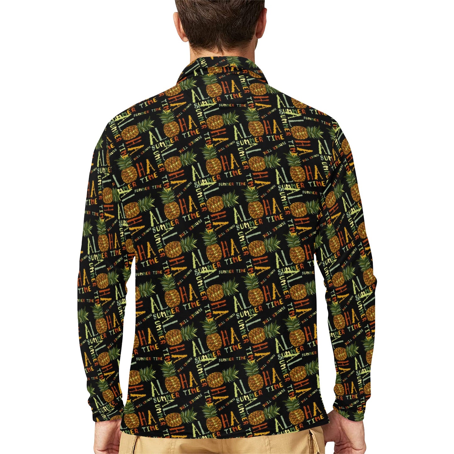 Aloha Hawaii Time Design Themed Print Long Sleeve Polo Shirt For Men's