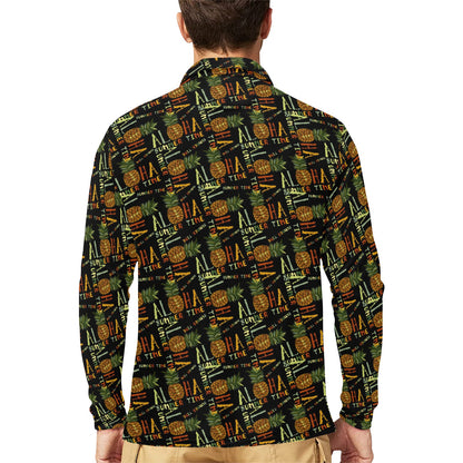 Aloha Hawaii Time Design Themed Print Long Sleeve Polo Shirt For Men's