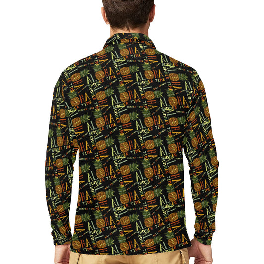 Aloha Hawaii Time Design Themed Print Long Sleeve Polo Shirt For Men's