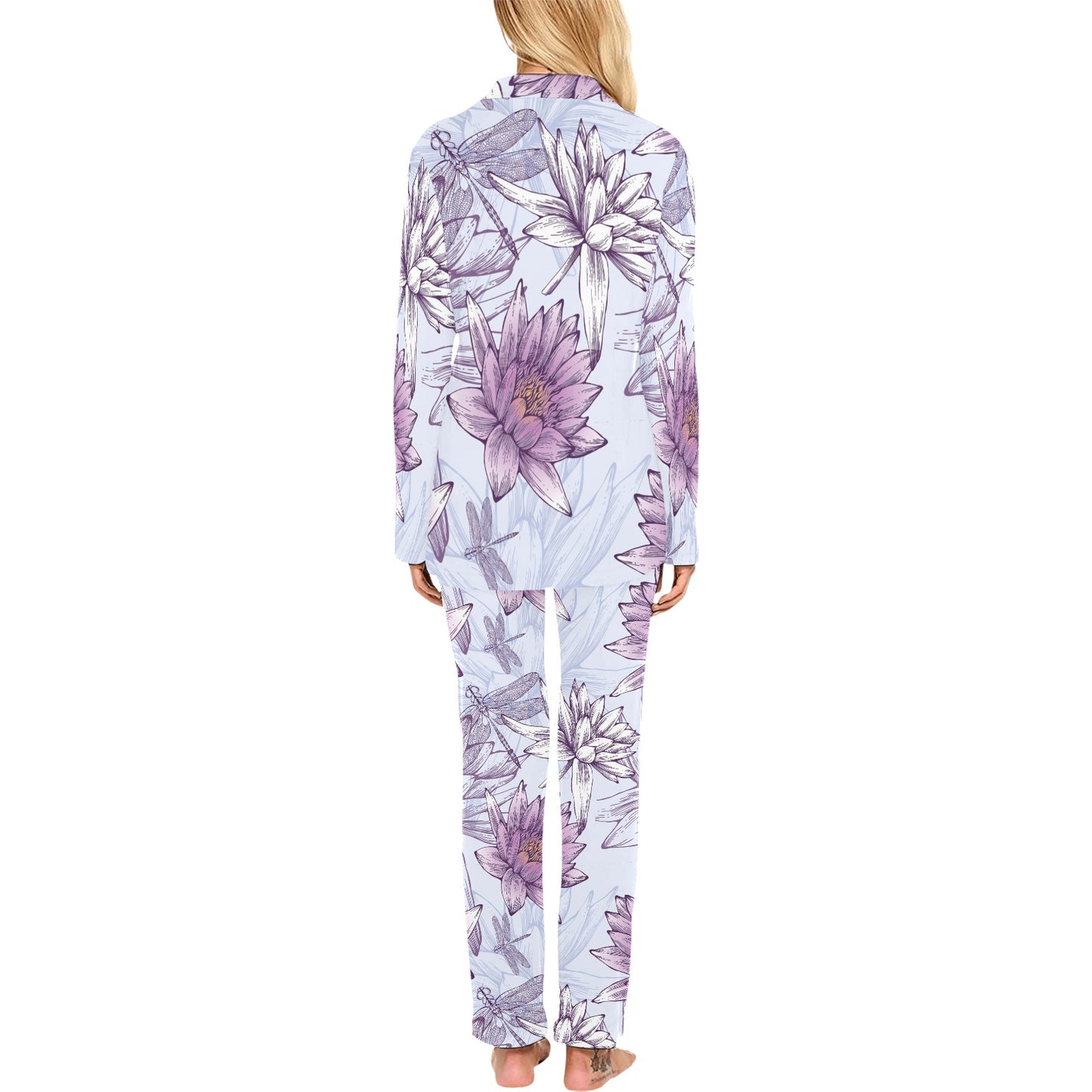 Water Lily Pattern Print Design WL01 Women's Long Pajama Set