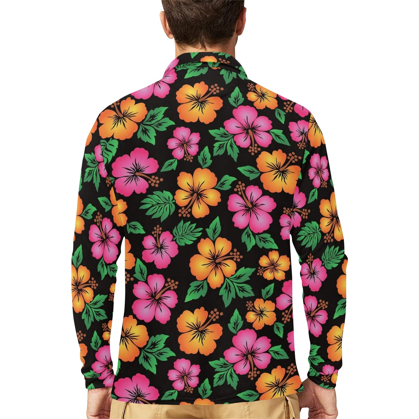 Hibiscus Pattern Print Design HB029 Long Sleeve Polo Shirt For Men's