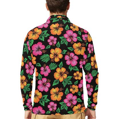 Hibiscus Pattern Print Design HB029 Long Sleeve Polo Shirt For Men's