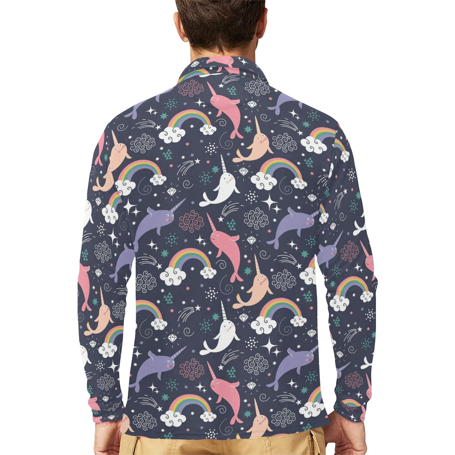 Narwhal Pattern Print Design 01 Long Sleeve Polo Shirt For Men's