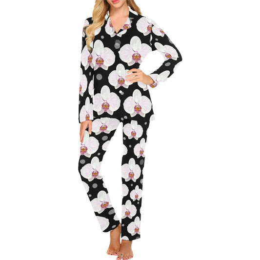 Orchid White Pattern Print Design OR09 Women's Long Pajama Set