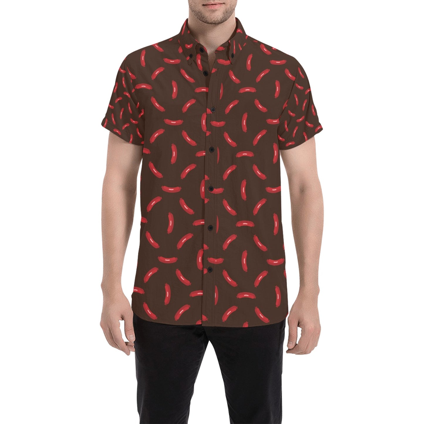 Sausage Print Design LKS302 Men Short Sleeve Button Up Shirt