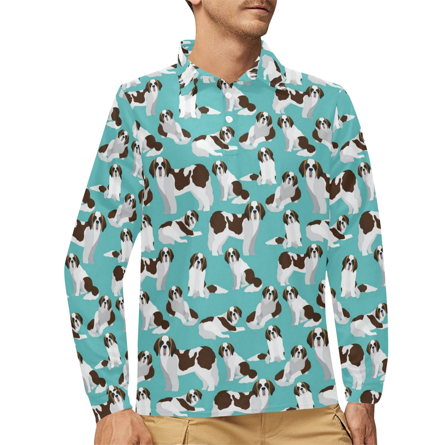 St Bernards Print Design LKS302 Long Sleeve Polo Shirt For Men's