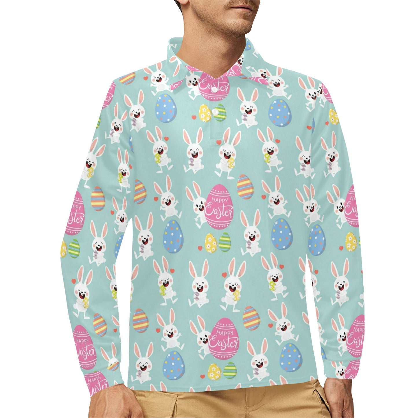 Easter Eggs Pattern Print Design RB014 Long Sleeve Polo Shirt For Men's