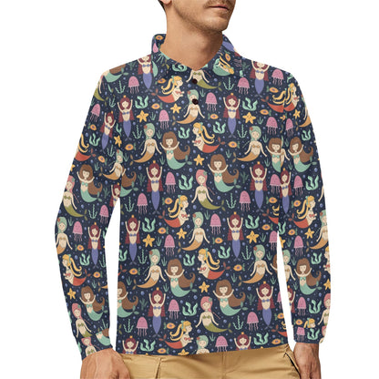 Mermaid Cartoon Pattern Print Design 03 Long Sleeve Polo Shirt For Men's