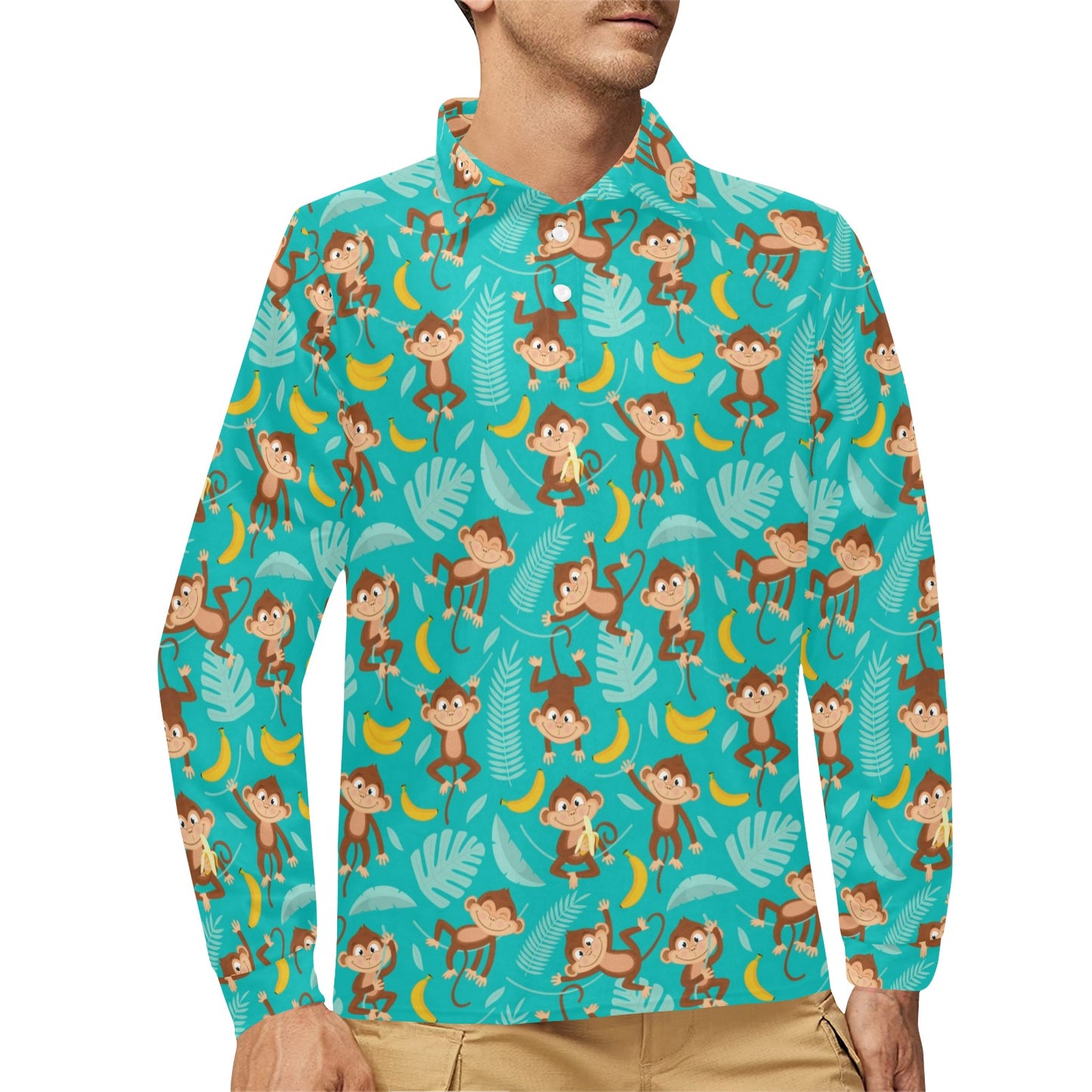 Monkey Happy Design Themed Print Long Sleeve Polo Shirt For Men's