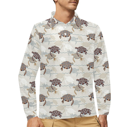 Sea Turtle Pattern Print Design T07 Long Sleeve Polo Shirt For Men's